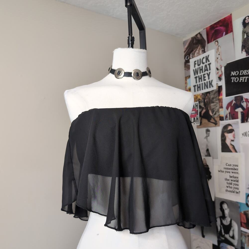 Black Strapless Ruffle Chiffon Tube Crop Top
